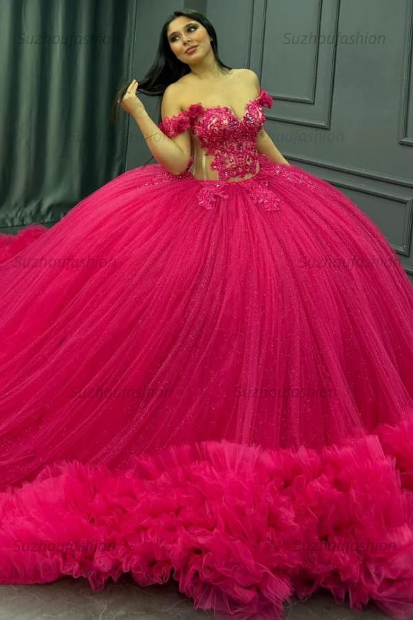 Ball Gown Off Shoulder Sleeveless Appliques Beaded Pleated Glitter Hot Pink Tulle Quinceanera Dress Birthday Party Dress