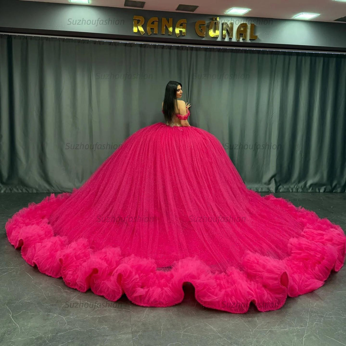 Ball Gown Off Shoulder Sleeveless Appliques Beaded Pleated Glitter Hot Pink Tulle Quinceanera Dress Birthday Party Dress