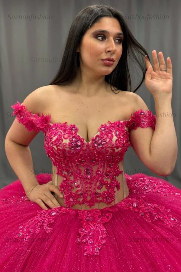 Ball Gown Off Shoulder Sleeveless Appliques Beaded Pleated Glitter Hot Pink Tulle Quinceanera Dress Birthday Party Dress