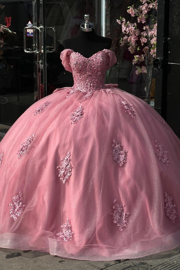 Ball Gown Off Shoulder Sleeveless Appliques Pleates Glitter Pink Tulle Quinceanera Dress Birthday Party Dress For Sweet 16