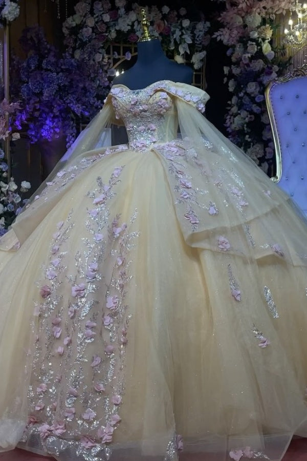 Ball Gown Off Shoulder Sleeveless Beaded 3D Flowers Appliques Shawl Champagne Tulle Quinceanera Dress Birthday Party Dress Evening Gown For Sweet 16