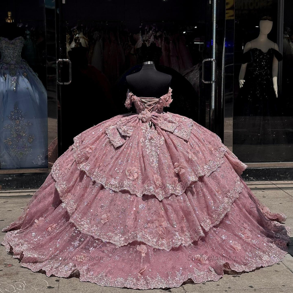 Ball Gown Off Shoulder Sleeveless Beaded Appliques 3D Flowers Ruffles Tiered Sparkly Pink Tulle Quinceanera Dress Birthday Party Dress For Sweet 16