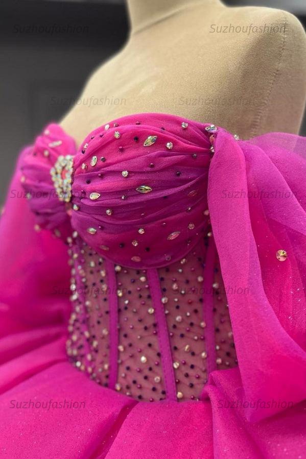 Ball Gown Off Shoulder Sleeveless Beaded Crystal Pleated Lace Up Bow Knot Corset Sparkly Fuchsia Tulle Quinceanera Dress Birthday Party Gown For Sweet 16
