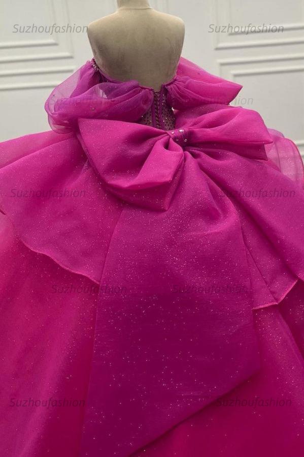 Ball Gown Off Shoulder Sleeveless Beaded Crystal Pleated Lace Up Bow Knot Corset Sparkly Fuchsia Tulle Quinceanera Dress Birthday Party Gown For Sweet 16