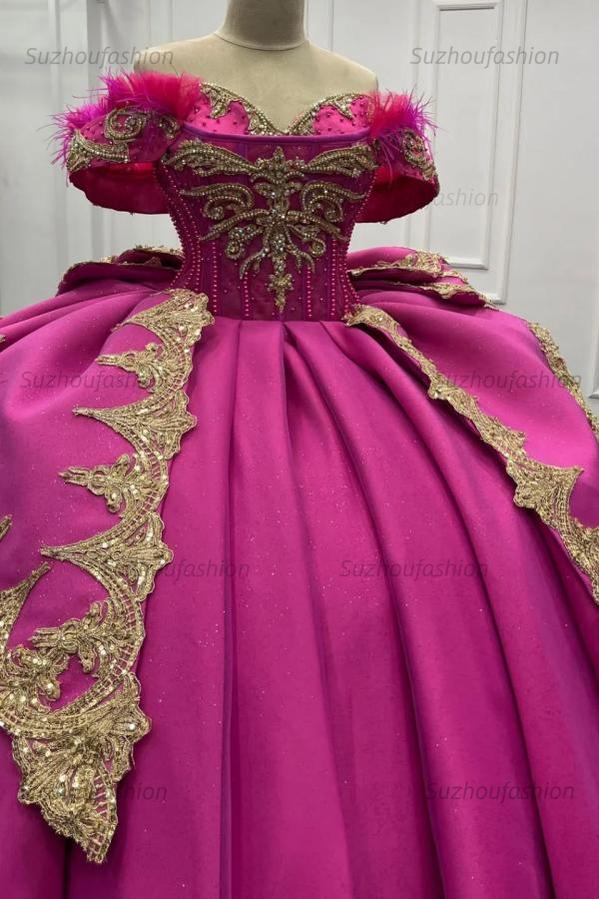 Ball Gown Off Shoulder Sleeveless Beaded Feather Gold Appliques Fuchsia Satin Quinceanera Dress Evening Party Gown For Sweet 16
