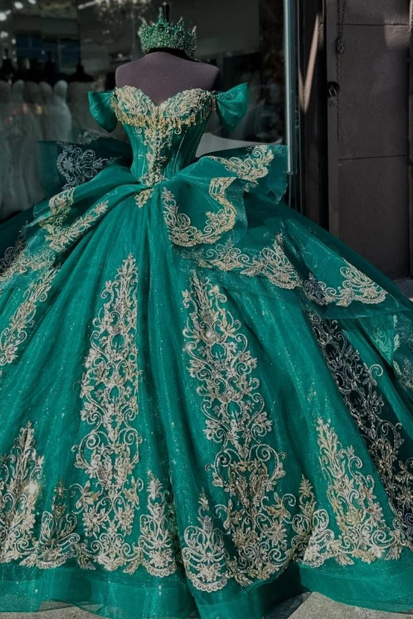 Ball Gown Off Shoulder Sleeveless Beaded Gold Appliques Lace Up Detachable Dress Sparkly Dark Green Tulle Quinceanera Dress Formal Evening Gown For Sweet 16