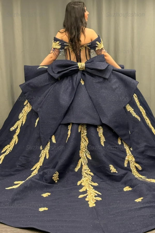 Ball Gown Off Shoulder Sleeveless Beaded Gold Appliques Pleated Bow Knot Glitter Dark Navy Satin Quinceanera Dress Birthday Party Dress For Sweet 16