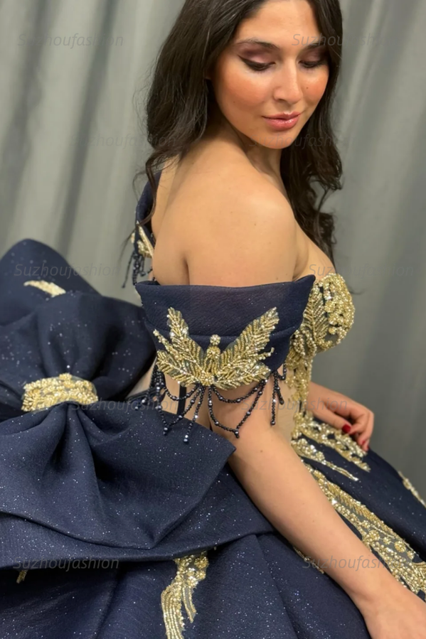 Ball Gown Off Shoulder Sleeveless Beaded Gold Appliques Pleated Bow Knot Glitter Dark Navy Satin Quinceanera Dress Birthday Party Dress For Sweet 16
