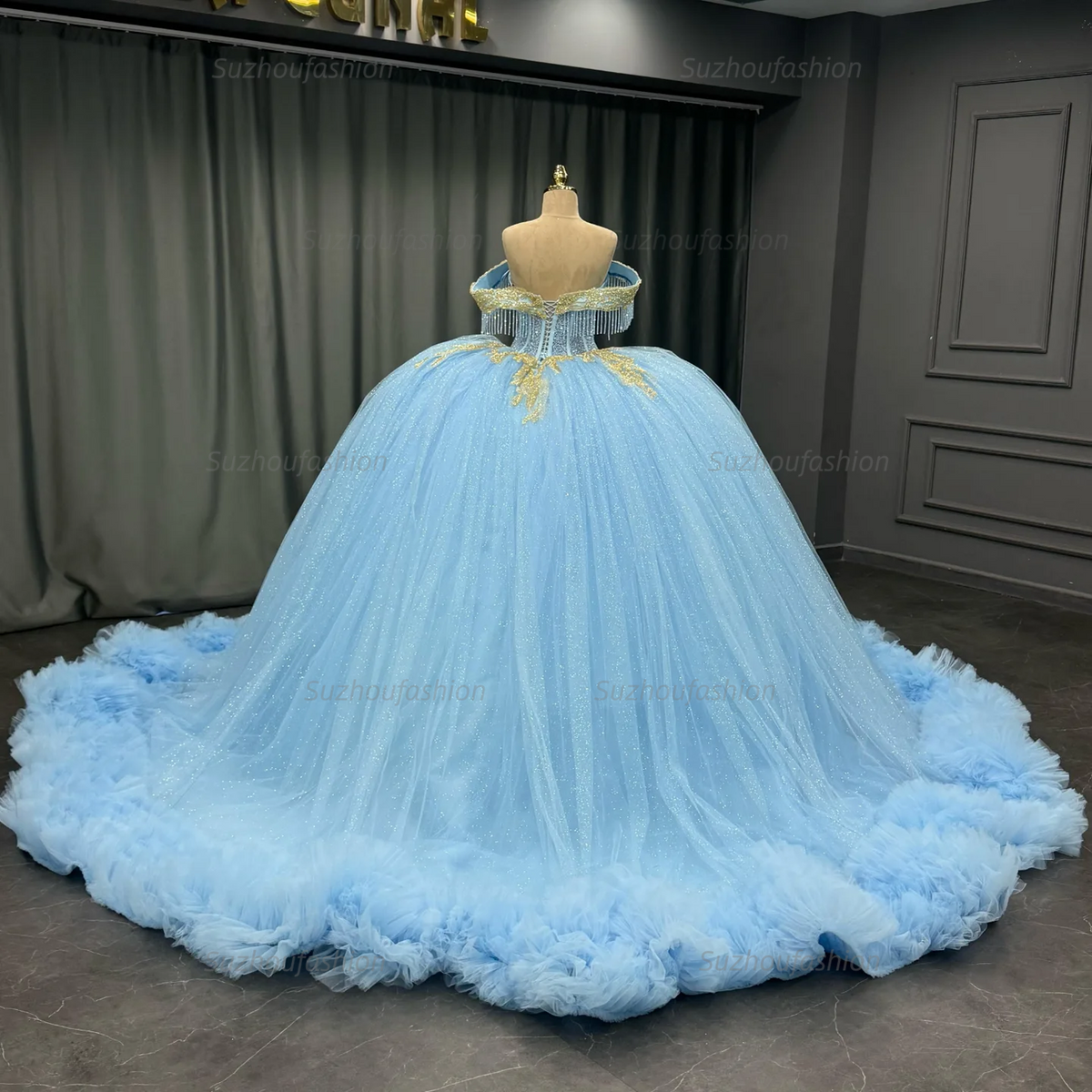 Ball Gown Off Shoulder Sleeveless Beaded Gold Appliques Pleated Glitter Sky Blue Tulle Quinceanera Dress Birthday Party Dress For Sweet 16