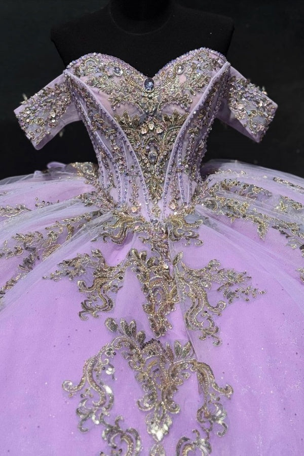 Ball Gown Off Shoulder Sleeveless Beaded Pleated Gold Sequins Sparkly Lilac Tulle Quinceanera Dress Birthday Party Dress Evening Formal Gown For Sweet 16