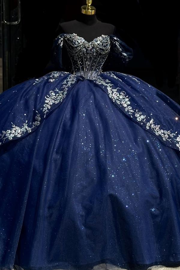Ball Gown Off Shoulder Sleeveless Beaded Pleated Sliver Appliques Sparkly Dark Navy Tulle Quinceanera Dress Birthday Party Dress For Sweet 16