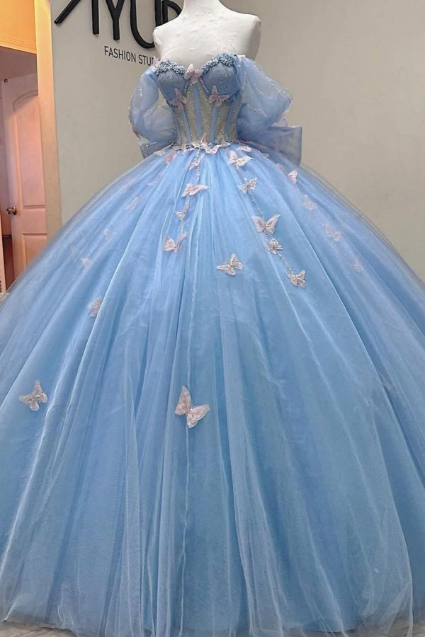 Ball Gown Off Shoulder Sleeveless Beaded Sequins 3D Butterflies Appliques Baby Blue Tulle Quinceanera Dress Birthday Party Dress