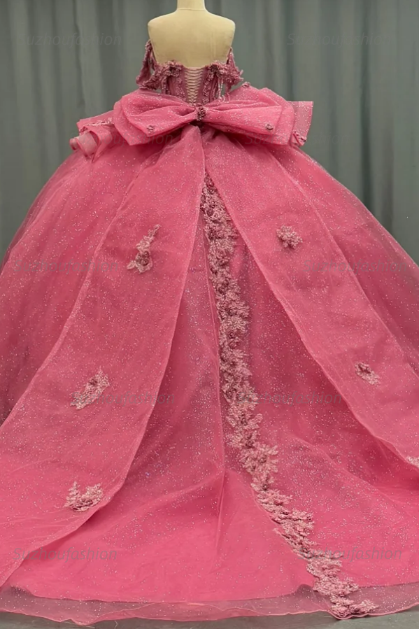 Ball Gown Off Shoulder Sleeveless Beaded Sequins 3D Flower Appliques Bow Knot Glitter Pink Tulle Quinceanera Dress Formal Evening Party Gown For Sweet 16