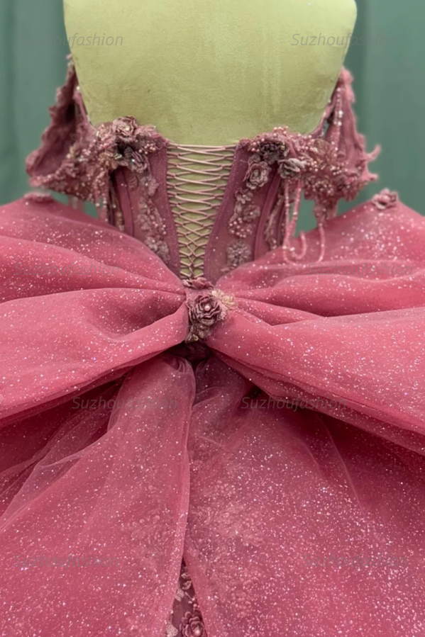 Ball Gown Off Shoulder Sleeveless Beaded Sequins 3D Flower Appliques Bow Knot Glitter Pink Tulle Quinceanera Dress Formal Evening Party Gown For Sweet 16