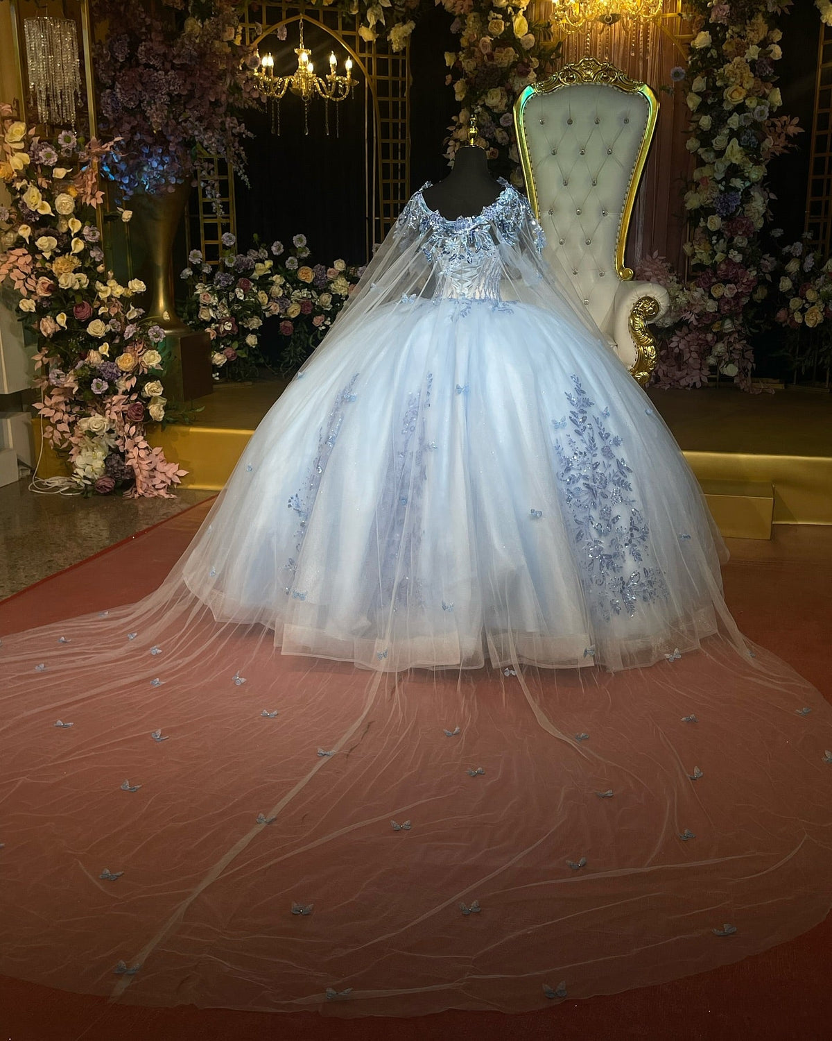 Ball Gown Off Shoulder Sleeveless Beaded Sequins Appleques Shawl Bbay Blue Tulle Evening Formal Gown Quinceanera Dress Birthday Party Dress For Sweet 16