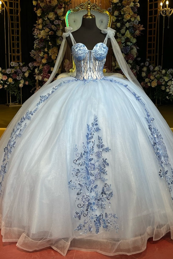 Ball Gown Off Shoulder Sleeveless Beaded Sequins Appleques Shawl Bbay Blue Tulle Evening Formal Gown Quinceanera Dress Birthday Party Dress For Sweet 16