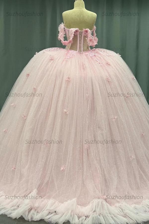 Ball Gown Off Shoulder Sleeveless Crystal Beaded 3D Flowers Glitter Tulle Quinceanera Dress Birthday Party Dress Evening Formal Gown For Sweet 16