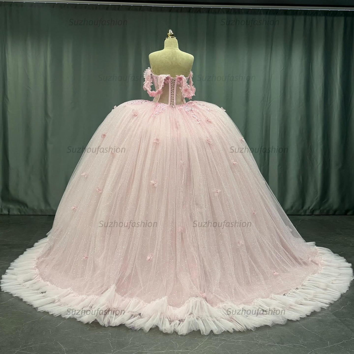 Ball Gown Off Shoulder Sleeveless Crystal Beaded 3D Flowers Glitter Tulle Quinceanera Dress Birthday Party Dress Evening Formal Gown For Sweet 16
