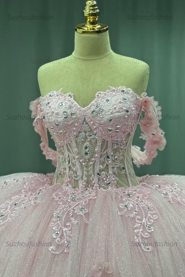 Ball Gown Off Shoulder Sleeveless Crystal Beaded 3D Flowers Glitter Tulle Quinceanera Dress Birthday Party Dress Evening Formal Gown For Sweet 16