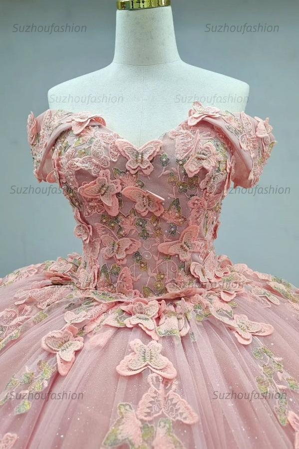 Ball Gown Off Shoulder Sleeveless Fully 3D Butterflies Appliques Lace Up Pink Tulle Quinceanera Dress Birthday Party Dress Evening Gown For Sweet 16