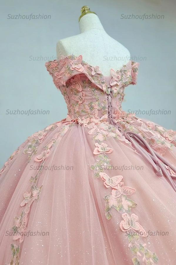 Ball Gown Off Shoulder Sleeveless Fully 3D Butterflies Appliques Lace Up Pink Tulle Quinceanera Dress Birthday Party Dress Evening Gown For Sweet 16