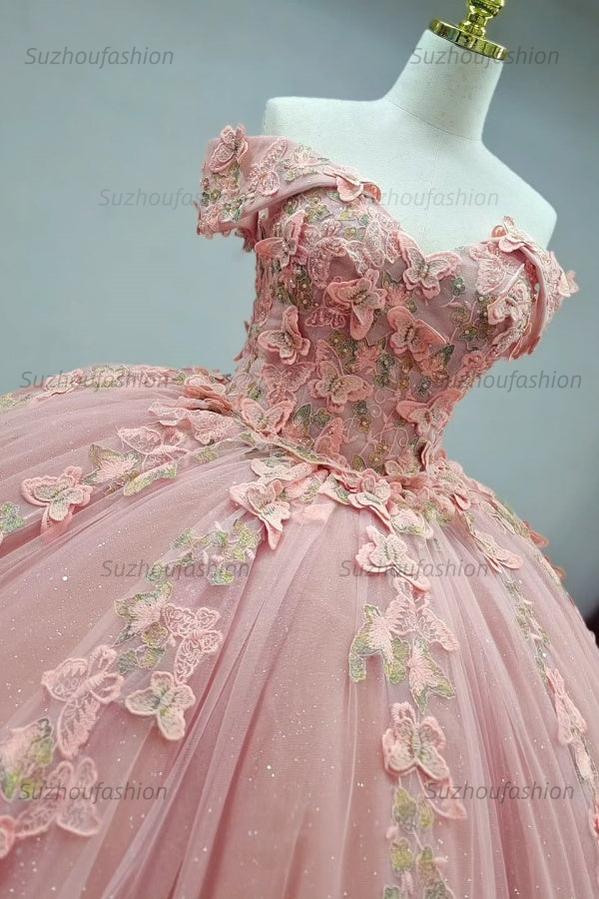 Ball Gown Off Shoulder Sleeveless Fully 3D Butterflies Appliques Lace Up Pink Tulle Quinceanera Dress Birthday Party Dress Evening Gown For Sweet 16