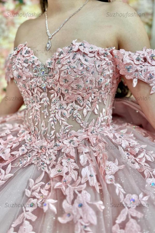 Ball Gown Off Shoulder Sleeveless Fully Appiques Crystal Pleated Lace Up Big Bow Knot Light Pink Tulle Quinceanera Dress Birthday Party Dress Formal Evening Gown For Sweet 16