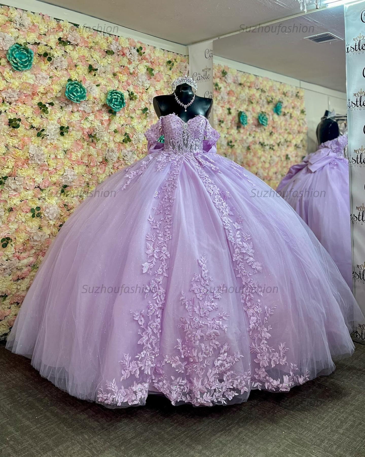 Ball Gown Off Shoulder Sleeveless Fully Appliques Pleated Big Bow Knot Lace Up Glitter Lilac Quinceanera Dress Birthday Party Dress For Sweet 16