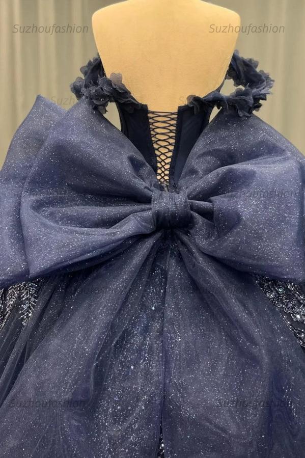 Ball Gown Off Shoulder Sleeveless Fully Beaded Appliques Bow Knot Lace Up Sparkly Dark Navy Tulle Quinceanera Dress Birthday Party Dress For Sweet 16
