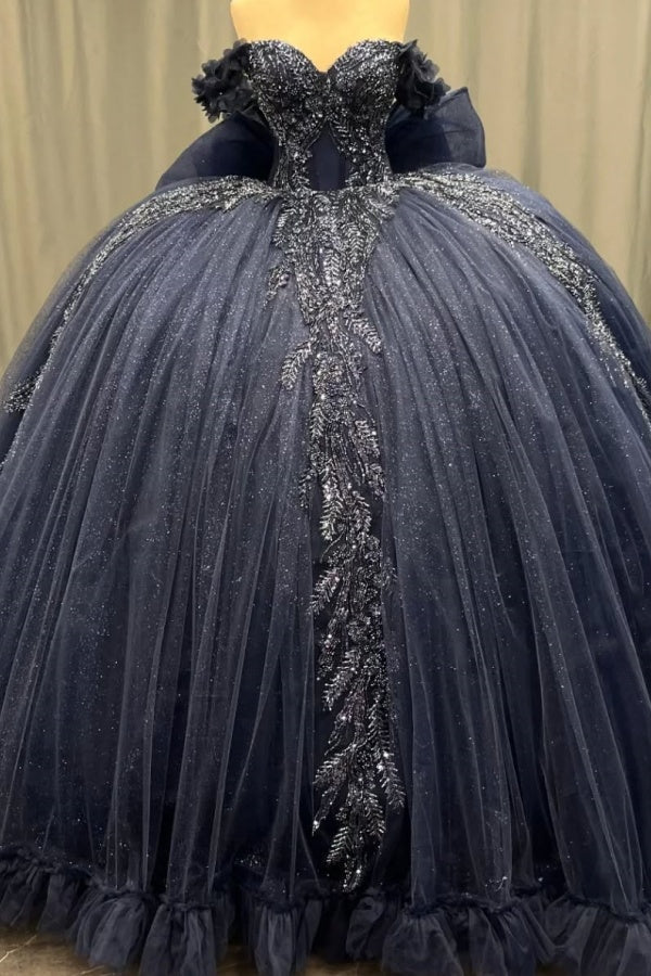 Ball Gown Off Shoulder Sleeveless Fully Beaded Appliques Bow Knot Lace Up Sparkly Dark Navy Tulle Quinceanera Dress Birthday Party Dress For Sweet 16