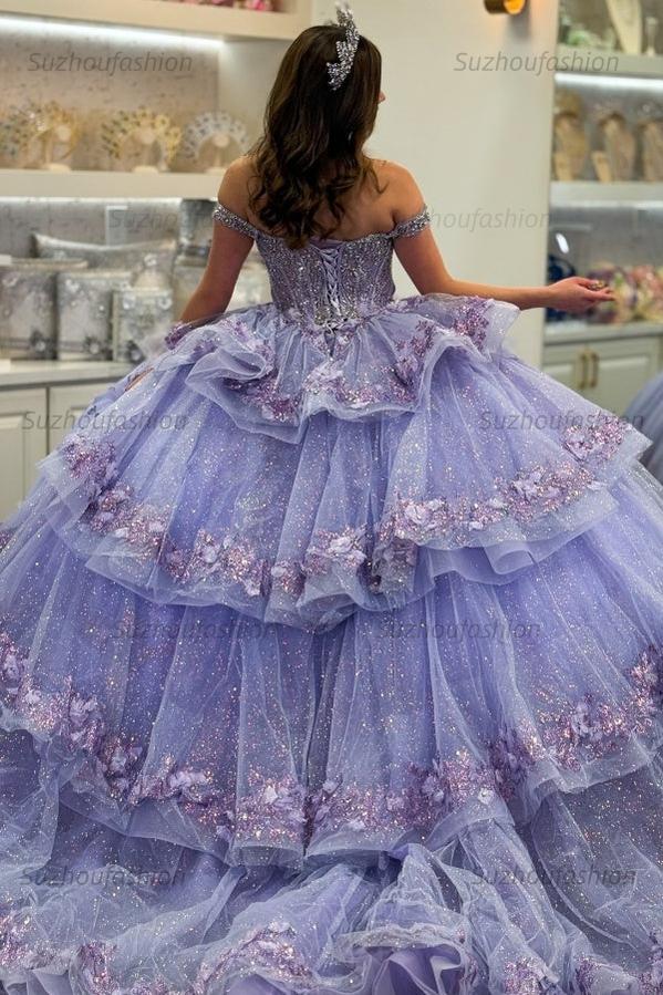 Ball Gown Off Shoulder Sleeveless Fully Beaded Appliques Pleated 3D Flower Tiered Sparkly Lilac Tulle Quinceanera Dress Birthday Party Dress For Sweet 16