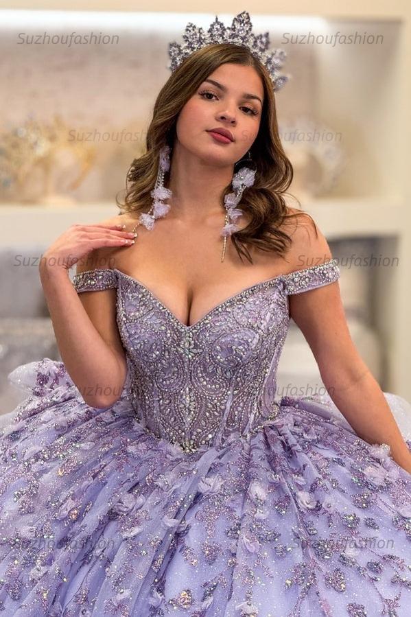 Ball Gown Off Shoulder Sleeveless Fully Beaded Appliques Pleated 3D Flower Tiered Sparkly Lilac Tulle Quinceanera Dress Birthday Party Dress For Sweet 16