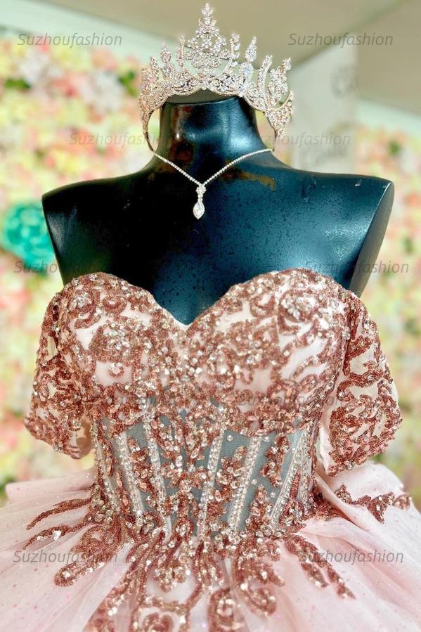 Ball Gown Off Shoulder Sleeveless Fully Sequins Appliques Pleated Lace Up Big Bow Knot Pink Tulle Quinceanera Dress Birthday Party Dress Formal Evening Gown