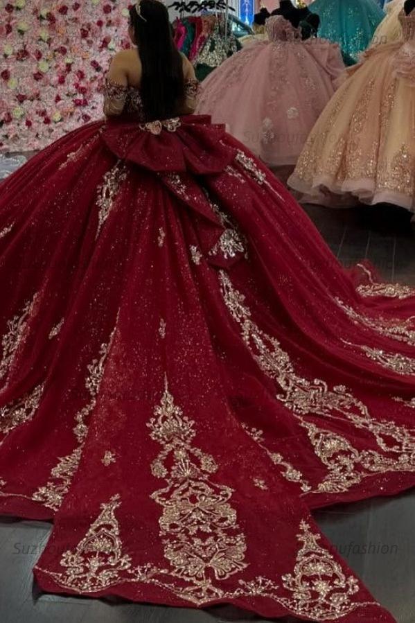 Ball Gown Off Shoulder Sleeveless Gold Sequins Appliques Big Bow Knot Sparkly Burgundy Tulle Quinceanera Dress Birthday Party Dress Evening Formal Gown For Sweet 16