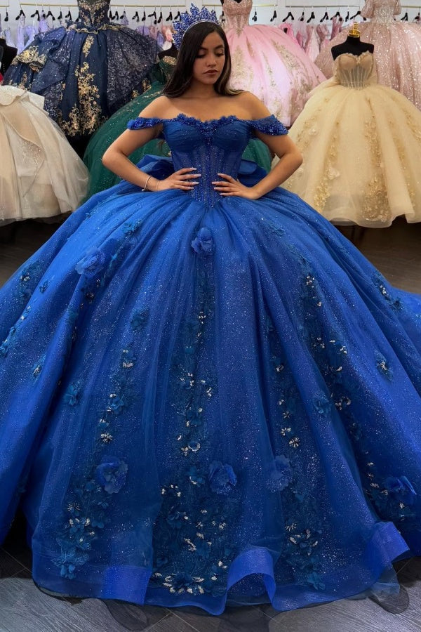 Ball Gown Off Shoulder Sleeveless Pleated 3D Flowers Appliques Bow Knot Sparkly Royal Blue Tulle Quinceanera Dress Evening Formal Gown Birthday Party Dress For Sweet 16