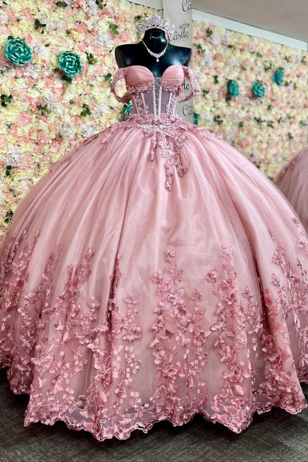 Ball Gown Off Shoulder Sleeveless Pleated Appliques Crystal Beaded Lace Up Pink Tulle Quinceanera Dress Birthday Party Dress Evening Formal Gown For Sweet 16