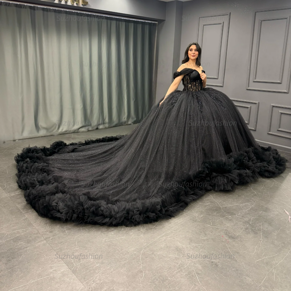 Ball Gown Off Shoulder Sleeveless Pleated Appliques Tiered Sparkly Black Tulle Quinceanera Dress Birthday Party Dress For Sweet 16
