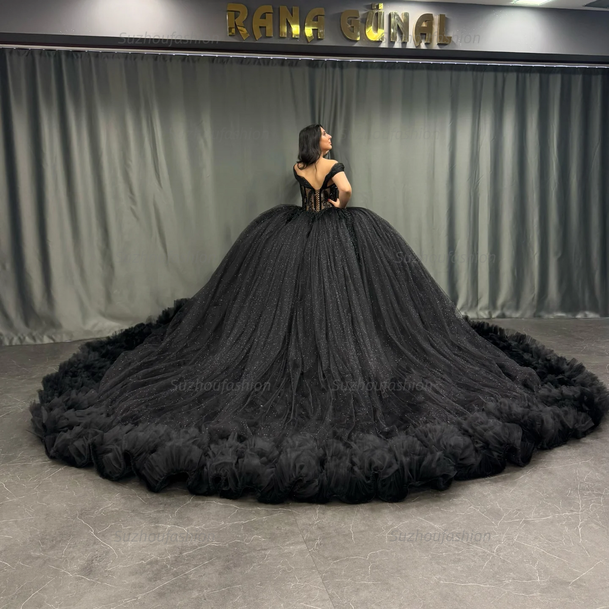 Ball Gown Off Shoulder Sleeveless Pleated Appliques Tiered Sparkly Black Tulle Quinceanera Dress Birthday Party Dress For Sweet 16