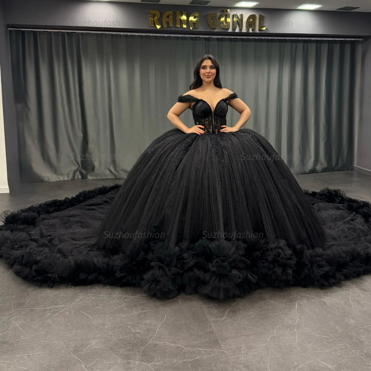 Ball Gown Off Shoulder Sleeveless Pleated Appliques Tiered Sparkly Black Tulle Quinceanera Dress Birthday Party Dress For Sweet 16