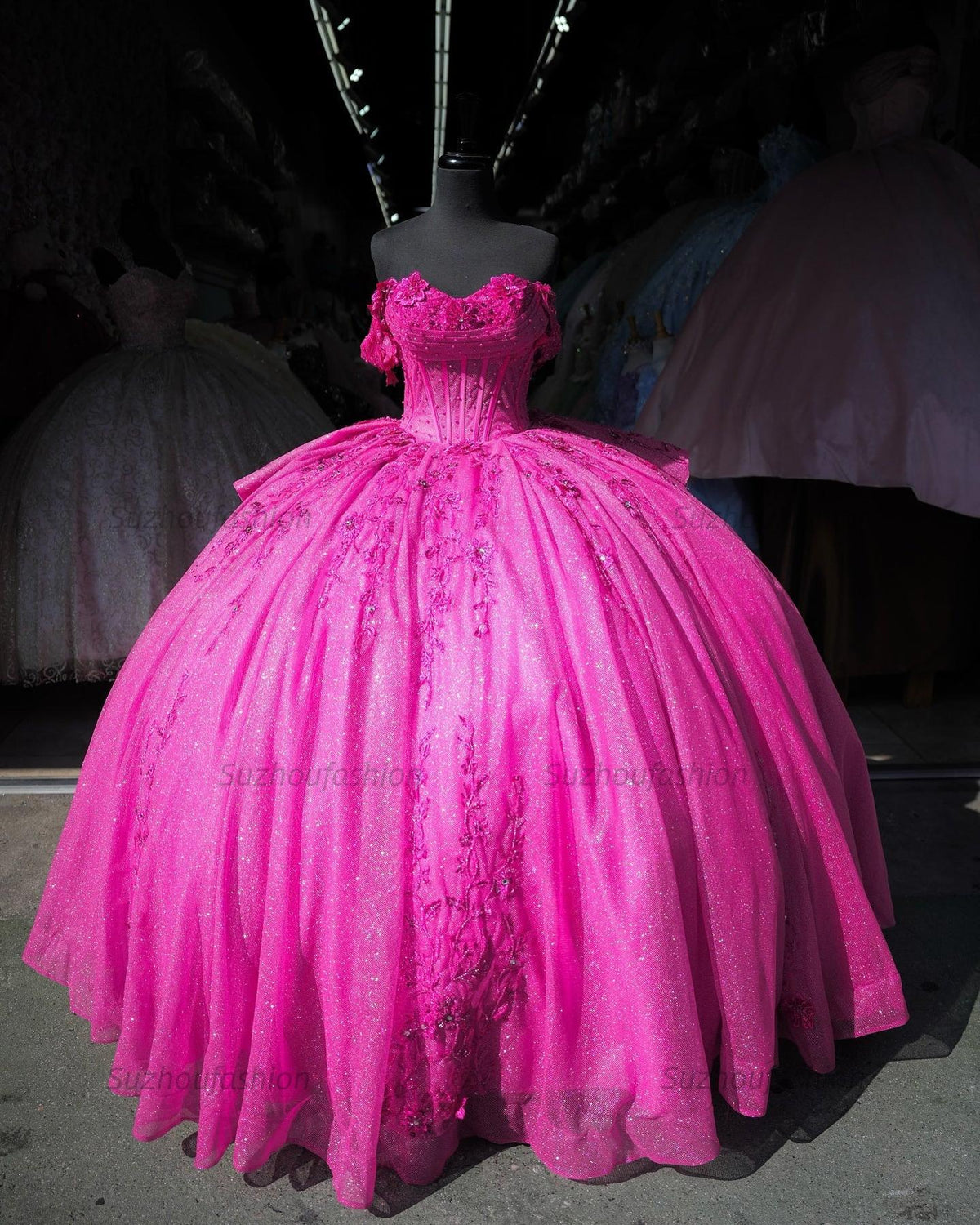 Ball Gown Off Shoulder Sleeveless Pleated Beaded Appliques Lace Up Fuchsia Tulle Quinceanera Dress Birthday Party Dress For Sweet 16