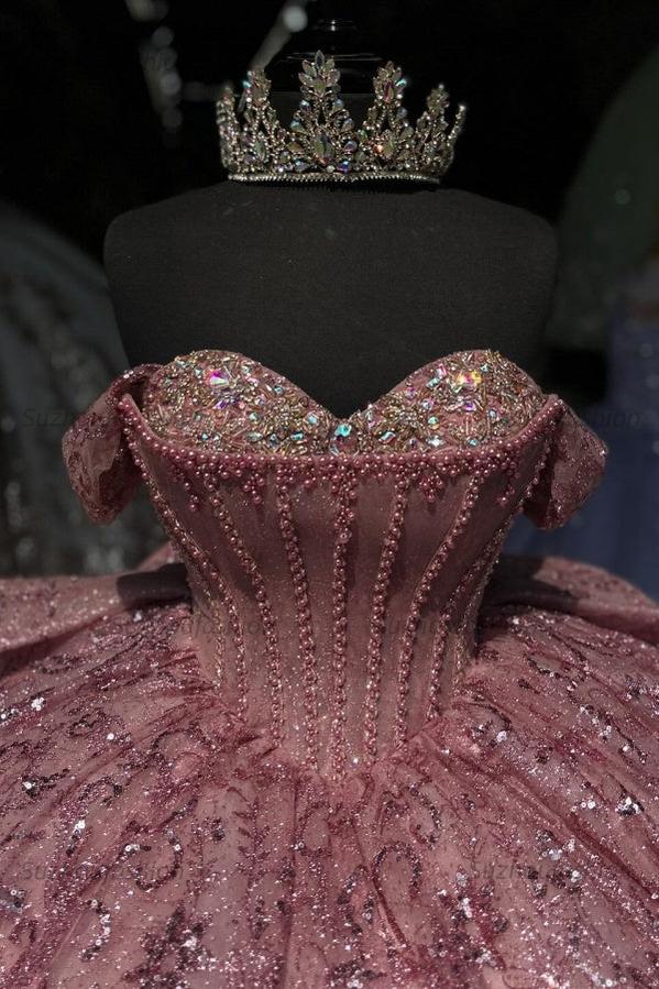 Ball Gown Off Shoulder Sleeveless Pleated Beaded Crystal Fully Sequins Sparkly Pink Tulle Quinceanera Dress Birthday Party Dress For Sweet 16