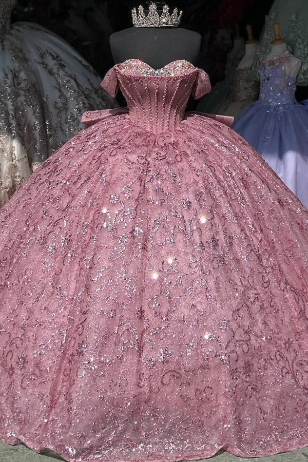 Ball Gown Off Shoulder Sleeveless Pleated Beaded Crystal Fully Sequins Sparkly Pink Tulle Quinceanera Dress Birthday Party Dress For Sweet 16