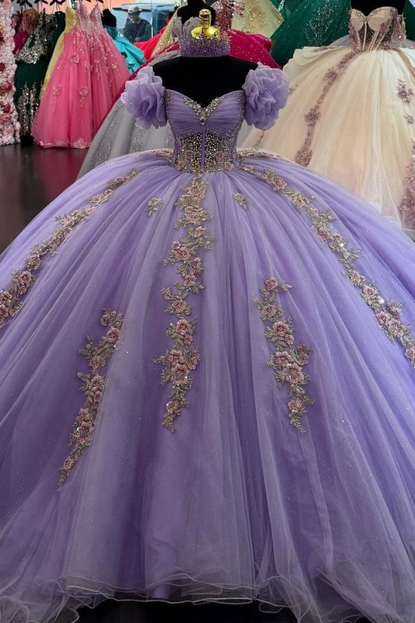 Ball Gown Off Shoulder Sleeveless Pleated Beaded Flower Appliques Glitter Lavenda Tulle Quinceanera Dress Birthday Party Gown For Sweet 16
