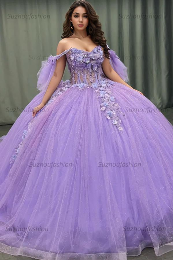 Ball Gown Off Shoulder Sleeveless Pleated Beaded Sequins 3D Flower Appliques Glitter Purple Tulle Quinceanera Dress Birthday Party Gown For Sweet 16