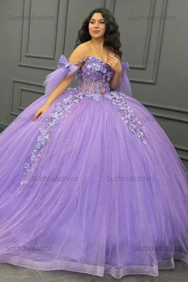 Ball Gown Off Shoulder Sleeveless Pleated Beaded Sequins 3D Flower Appliques Glitter Purple Tulle Quinceanera Dress Birthday Party Gown For Sweet 16
