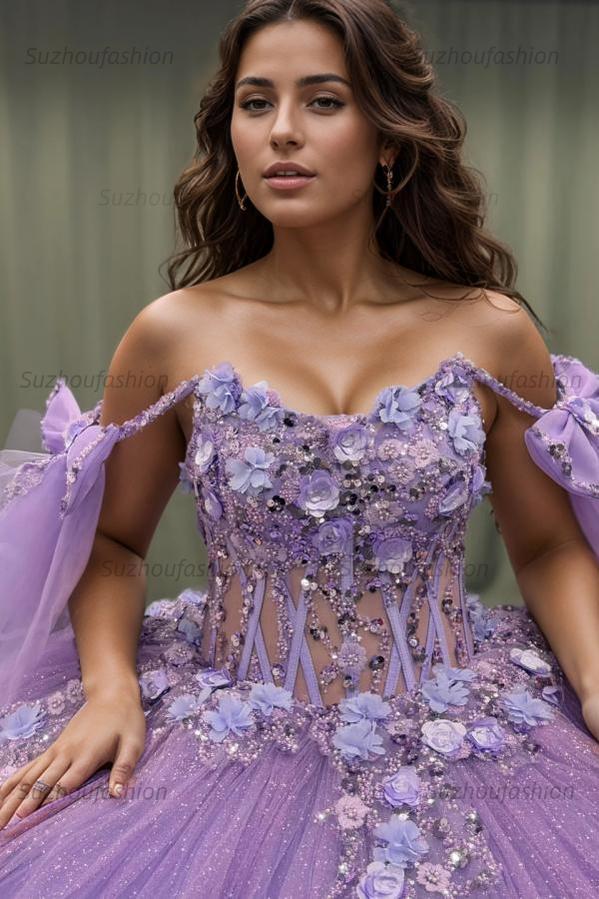 Ball Gown Off Shoulder Sleeveless Pleated Beaded Sequins 3D Flower Appliques Glitter Purple Tulle Quinceanera Dress Birthday Party Gown For Sweet 16