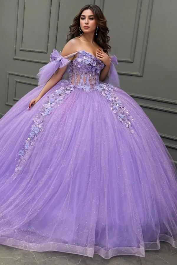 Ball Gown Off Shoulder Sleeveless Pleated Beaded Sequins 3D Flower Appliques Glitter Purple Tulle Quinceanera Dress Birthday Party Gown For Sweet 16