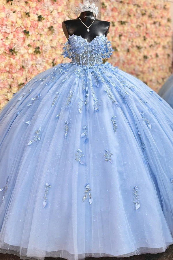 Ball Gown Off Shoulder Sleeveless Pleated Beaded Sequins 3D Flower Appliques Lace Up Glitter Sky Blue Tulle Quinceanera Dress Birthday Party Dress For Sweet 16