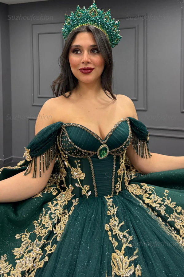 Ball Gown Off Shoulder Sleeveless Pleated Gold Sequins Beaded Crystal Glitter Dark Green Tulle Quinceanera Dress Closet Big Bow Knot Birthday Party Dress For Sweet 16