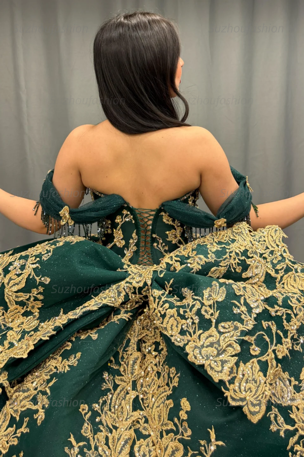 Ball Gown Off Shoulder Sleeveless Pleated Gold Sequins Beaded Crystal Glitter Dark Green Tulle Quinceanera Dress Closet Big Bow Knot Birthday Party Dress For Sweet 16